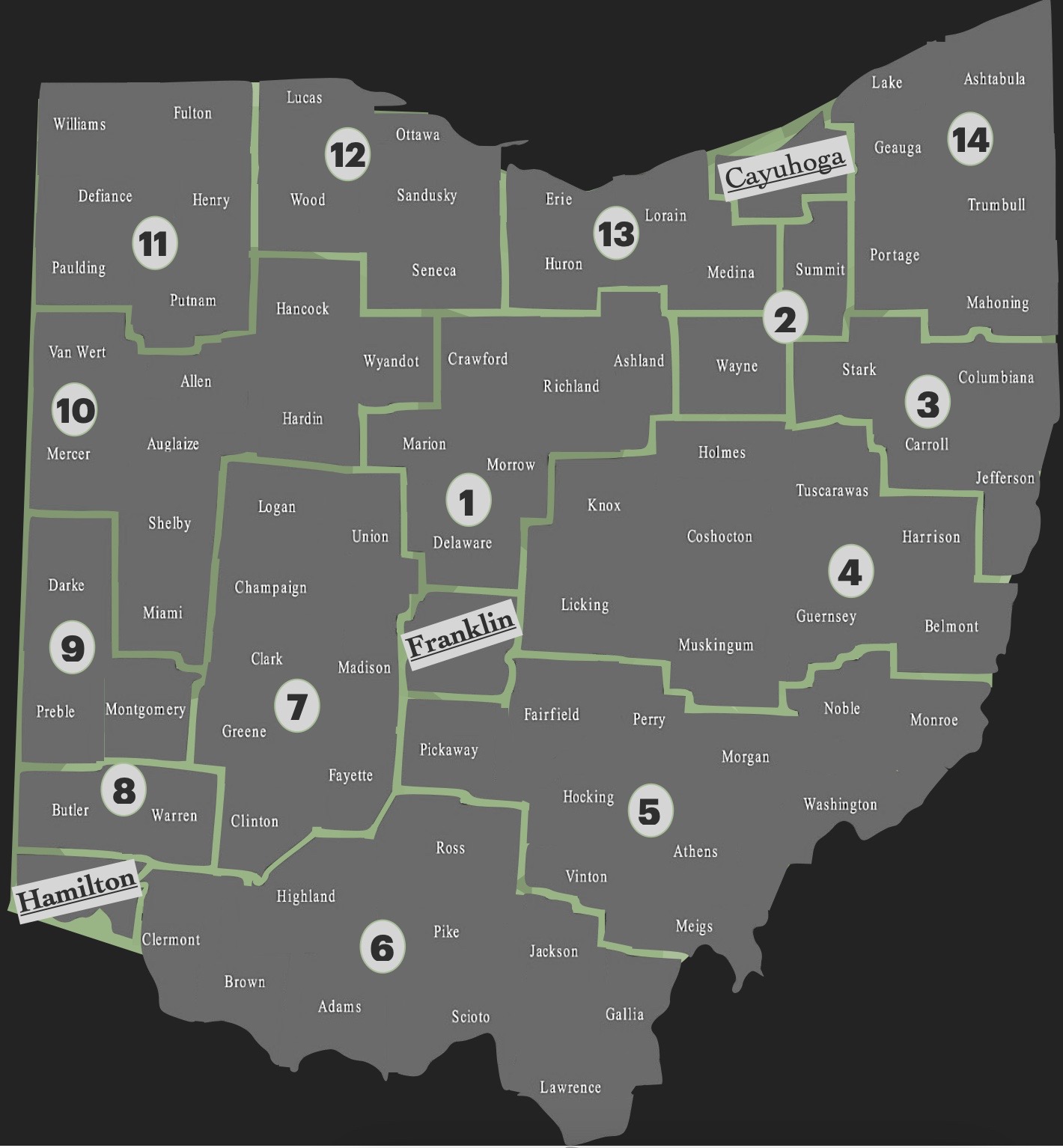 Ohio counties in regions